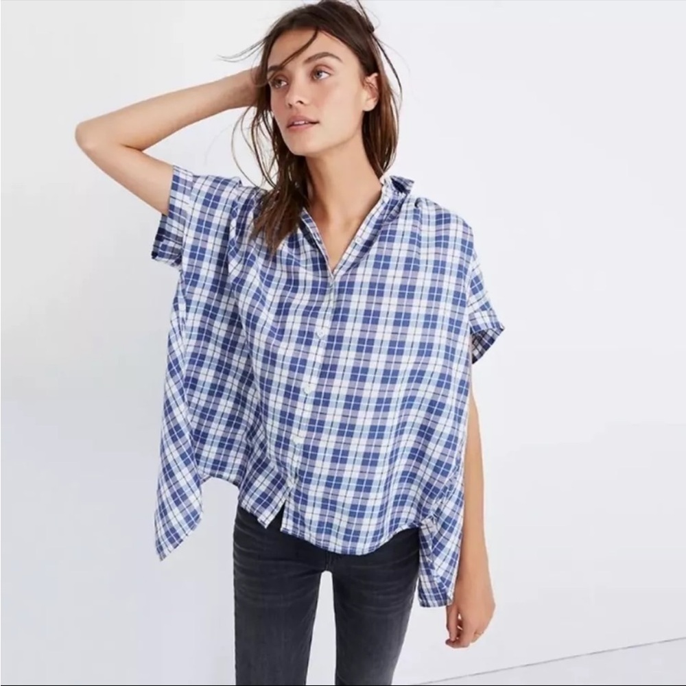 Madewell Women's Blue White Plaid Oversized Split Back Button Down Shirt Top XS